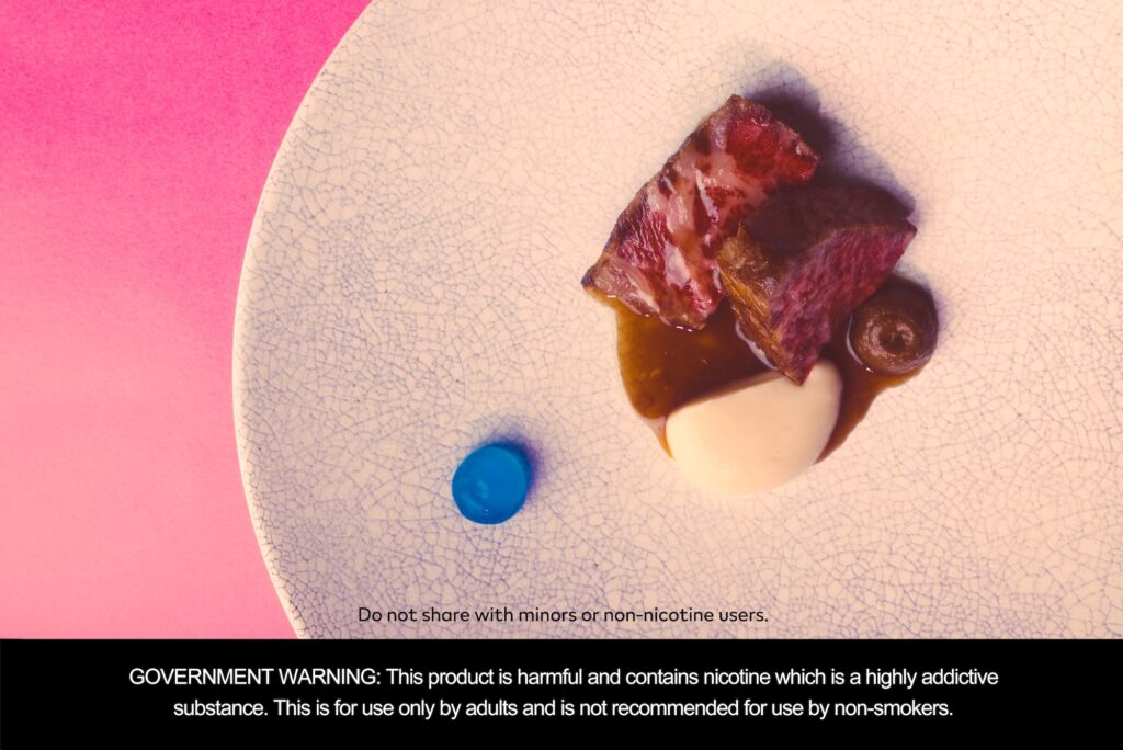 Wagyu, fermented vegetable paste, white cauliflower paste, and a blue vinegar gel